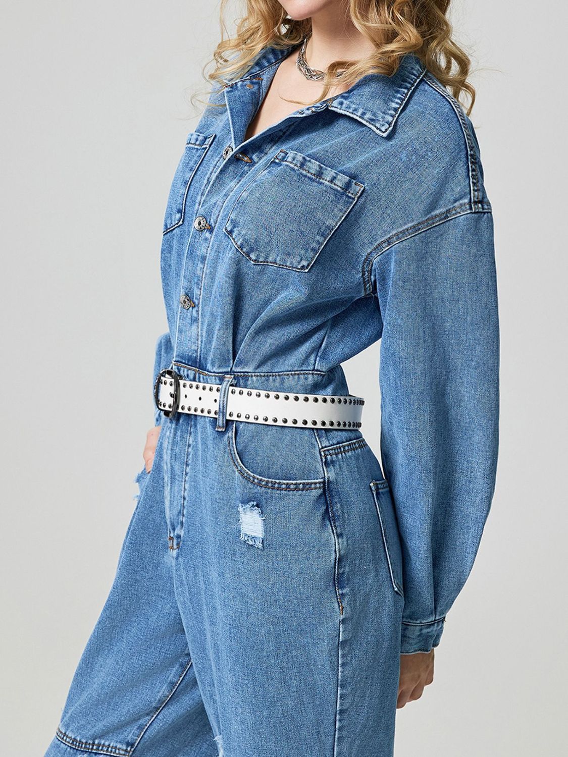 Distressed Button Down Drop Shoulder Denim Jumpsuit-TOPS / DRESSES-[Adult]-[Female]-2022 Online Blue Zone Planet