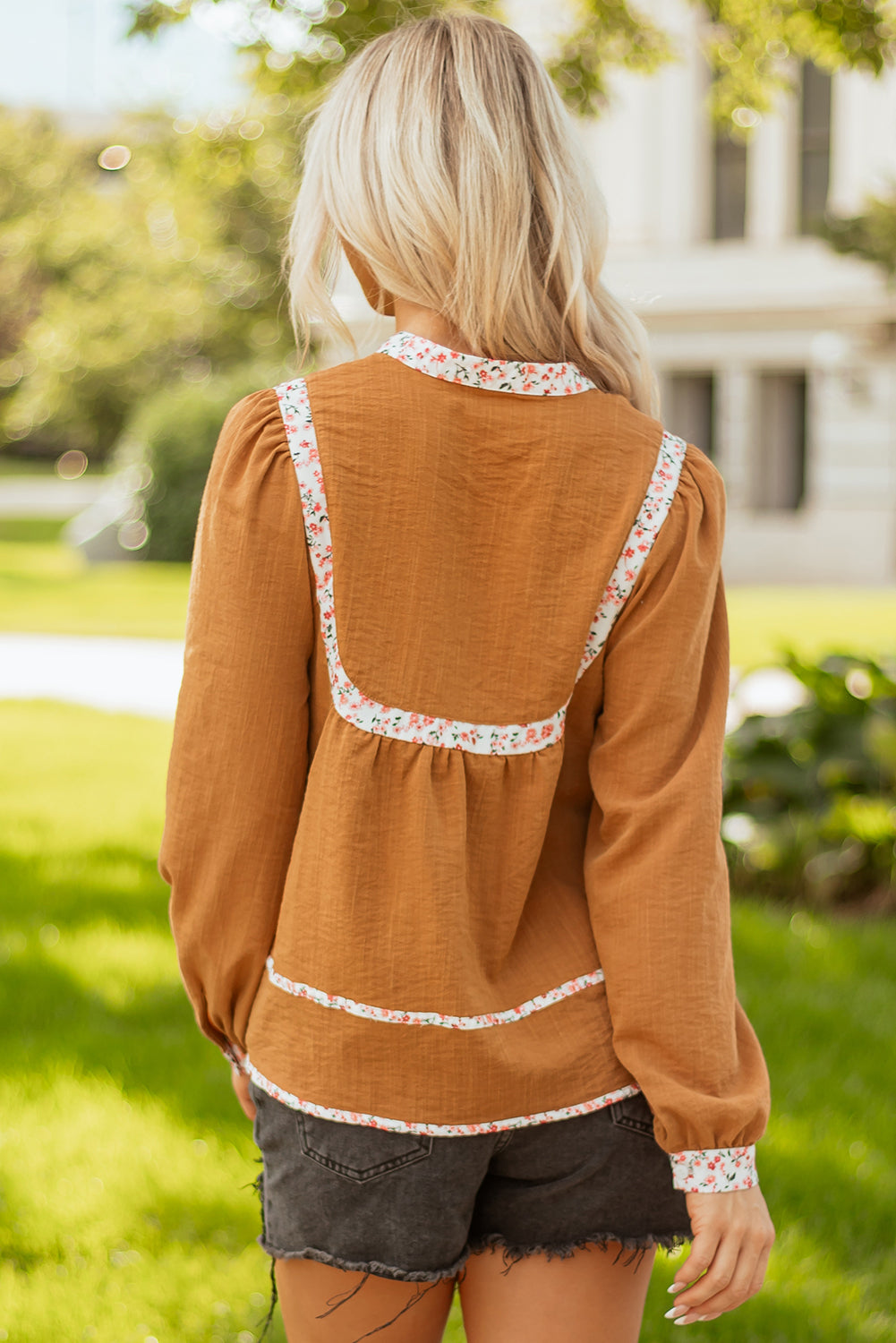 Straw Yellow Split Neck Pleated Floral Trim Long Puff Sleeve Blouse-Tops/Blouses & Shirts-[Adult]-[Female]-2022 Online Blue Zone Planet