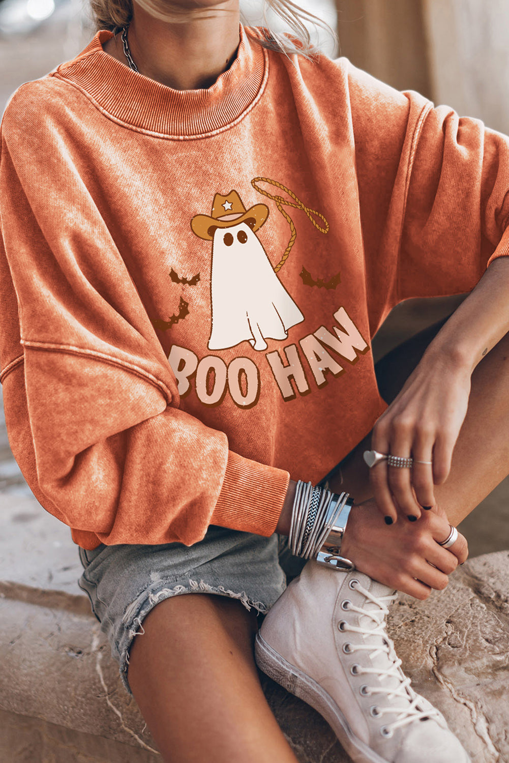 Orange BOO HAW Ghost Halloween Print Drop Sleeve Sweatshirt-Graphic/Graphic Sweatshirts-[Adult]-[Female]-2022 Online Blue Zone Planet