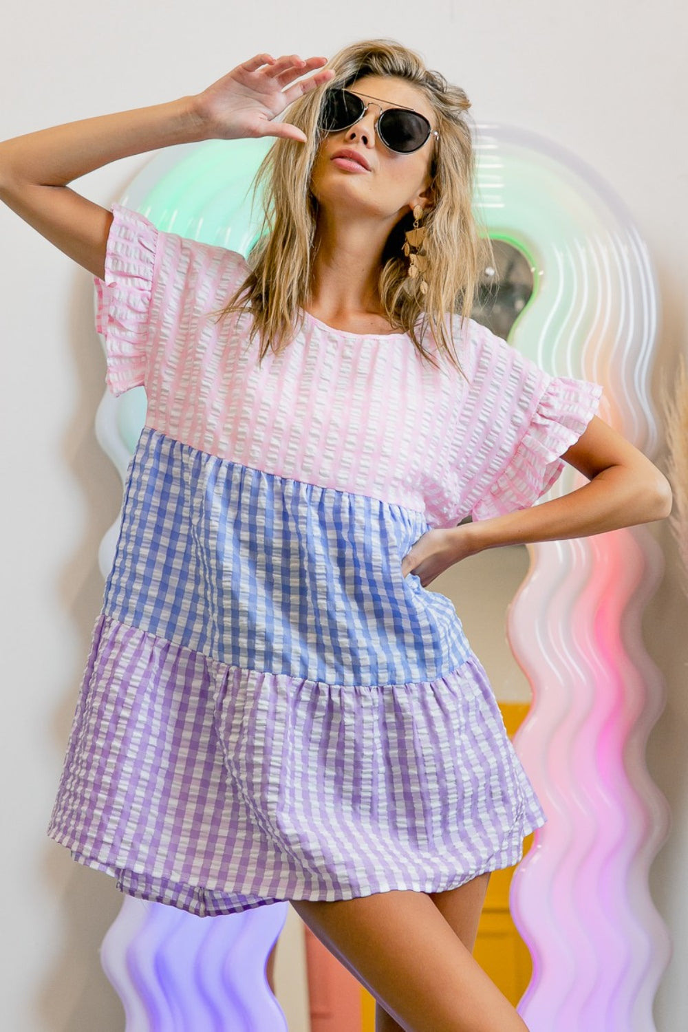 BiBi Plaid Color Block Tiered Top-TOPS / DRESSES-[Adult]-[Female]-2022 Online Blue Zone Planet