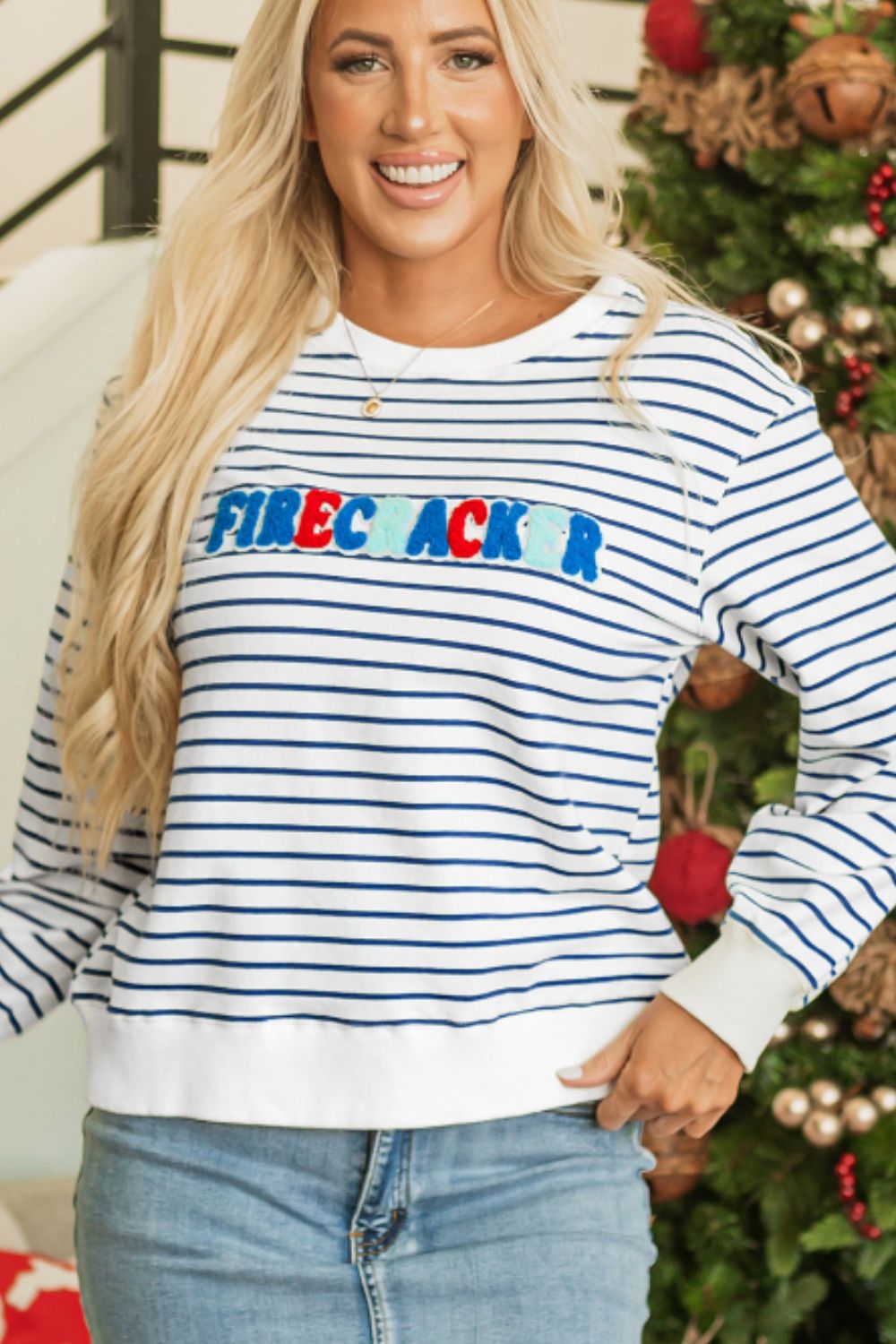 FIRECRACKER Striped Round Neck Long Sleeve Sweatshirt-TOPS / DRESSES-[Adult]-[Female]-2022 Online Blue Zone Planet