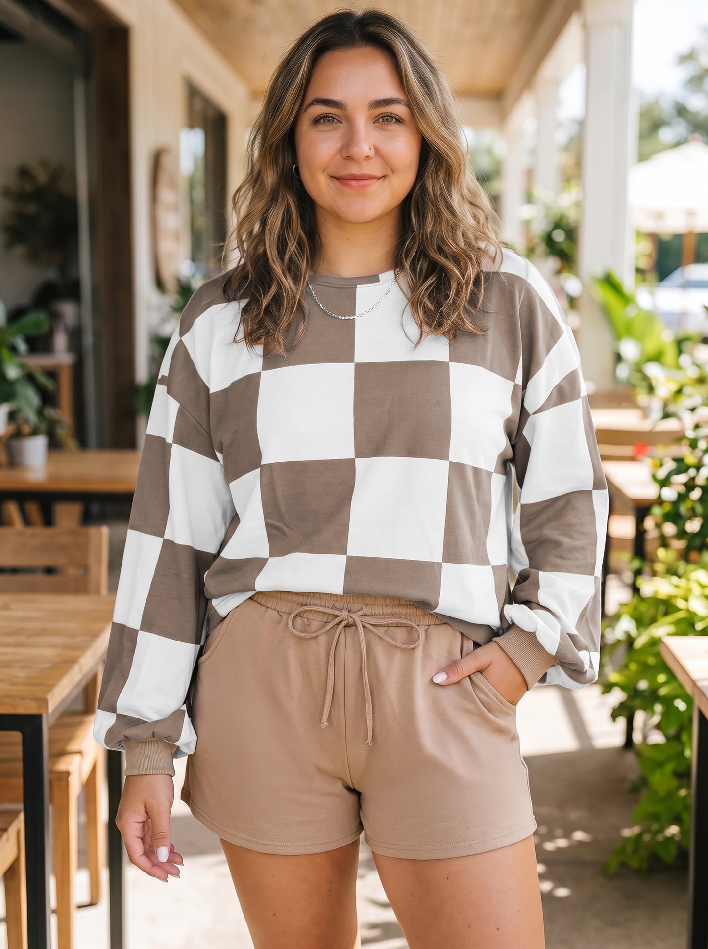 Khaki Checkered Contrast Long Sleeve Top Solid Shorts Plus Size 2pcs Set-Plus Size/Plus Size Loungewear-[Adult]-[Female]-2022 Online Blue Zone Planet