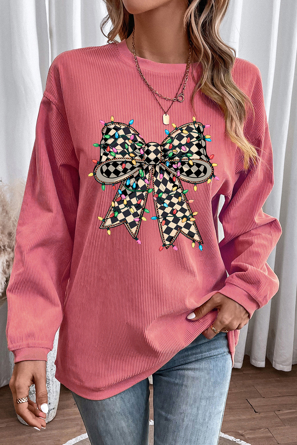 Strawberry Pink Checkered Bow Print Ribbed Crew Neck Pullover Sweatshirt-Graphic Sweatshirts-[Adult]-[Female]-2022 Online Blue Zone Planet