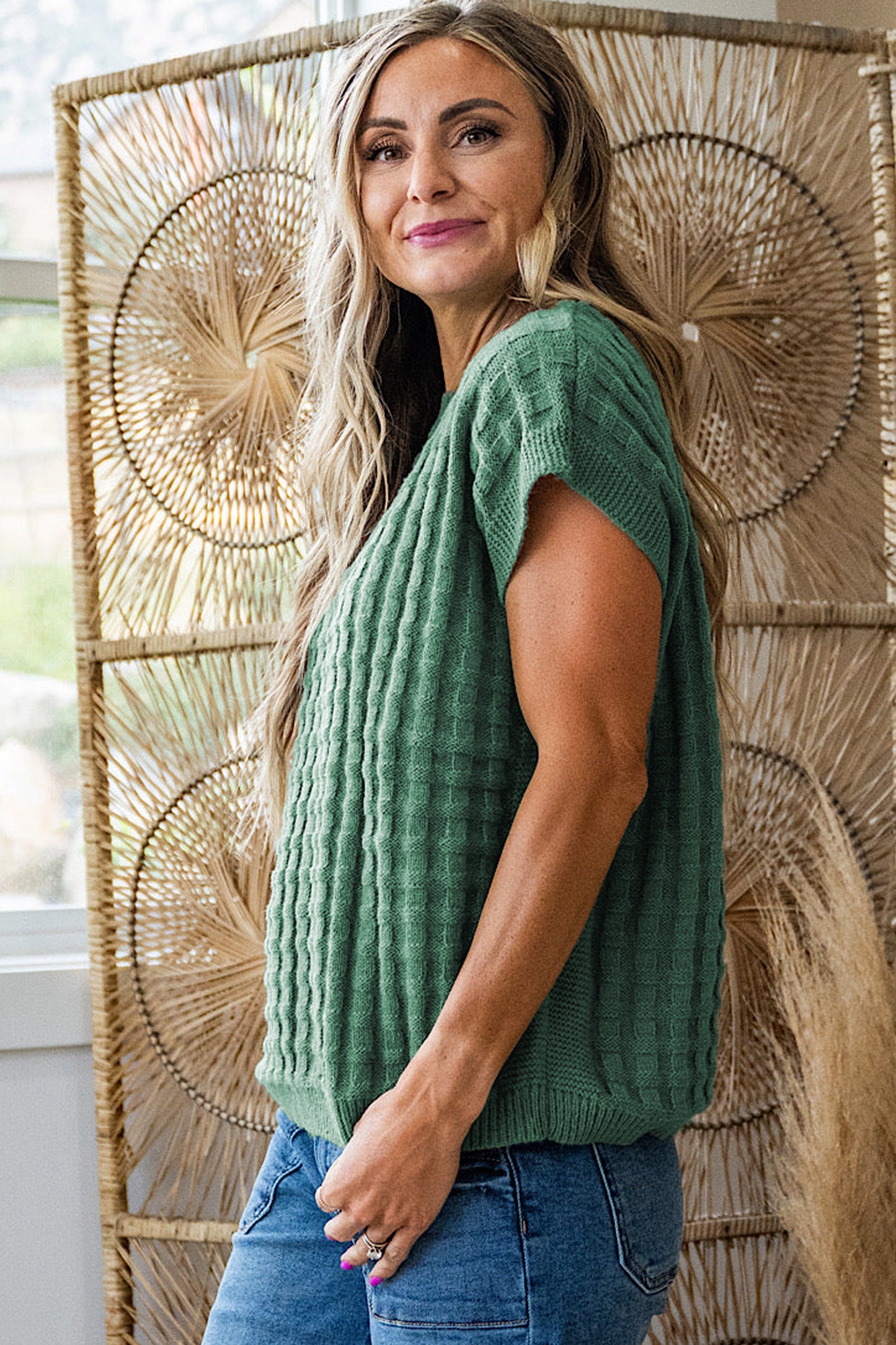 Mist Green Solid Color Round Neck Textured Short Sleeve Sweater-Sweaters & Cardigans/Short Sleeve Sweaters-[Adult]-[Female]-2022 Online Blue Zone Planet