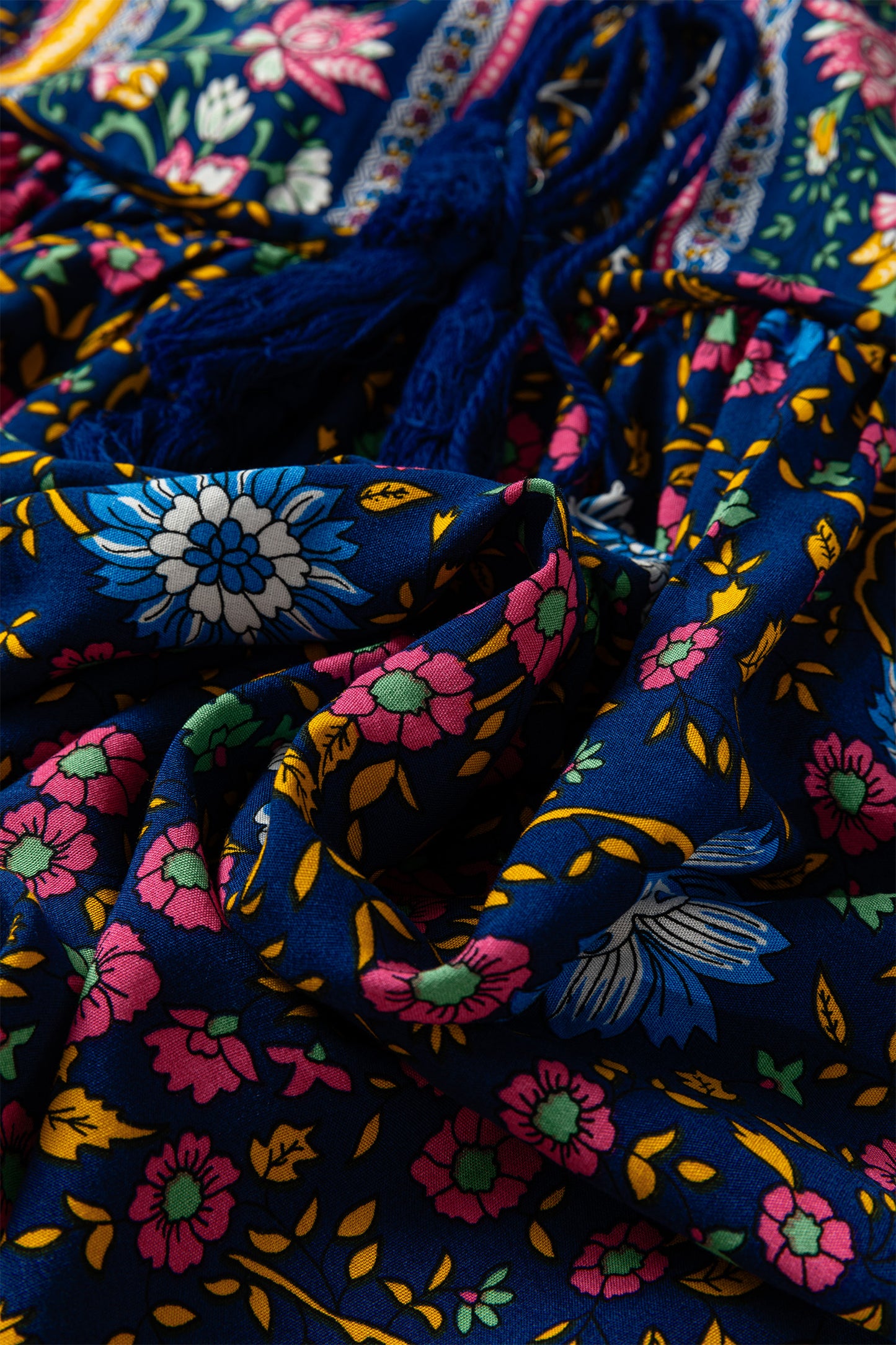 Blue Bohemian Floral Print Tassel Tie Front Long Sleeve Blouse-Tops/Blouses & Shirts-[Adult]-[Female]-2022 Online Blue Zone Planet