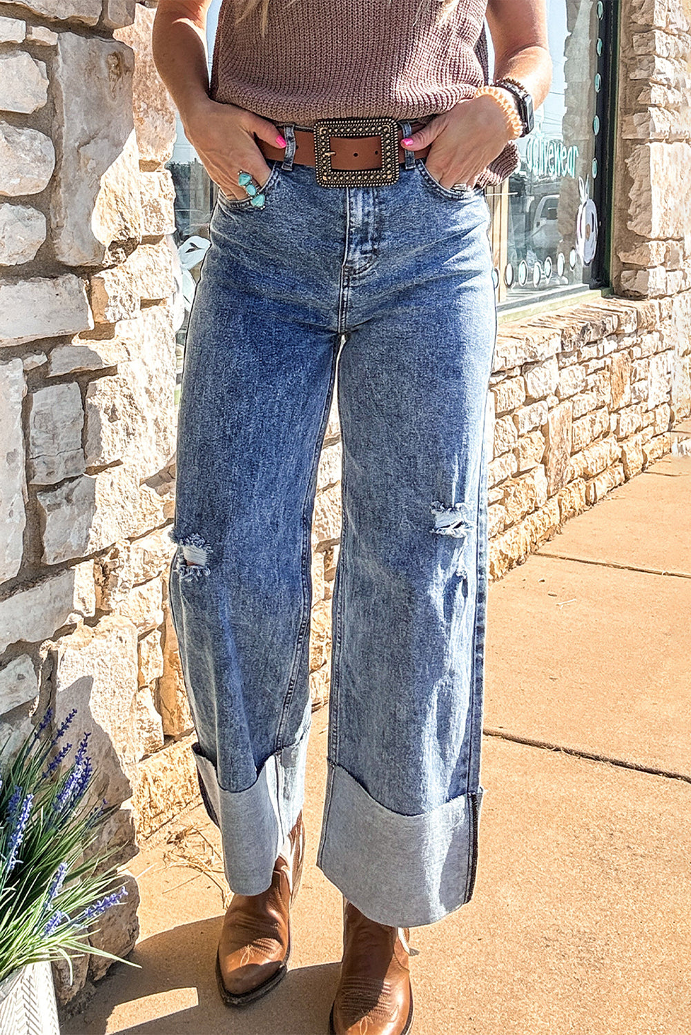 Ashleigh Blue Mineral Wash Bottom Cuff Distressed Wide Leg Jeans-Bottoms/Jeans-[Adult]-[Female]-Ashleigh Blue-4-2022 Online Blue Zone Planet