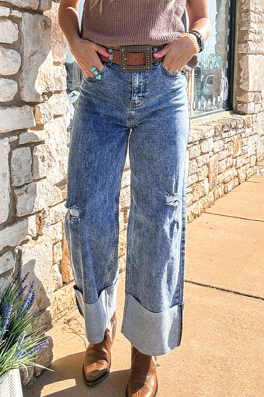 Ashleigh Blue Mineral Wash Bottom Cuff Distressed Wide Leg Jeans-Bottoms/Jeans-[Adult]-[Female]-Ashleigh Blue-4-2022 Online Blue Zone Planet