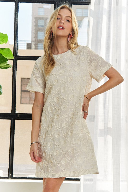 ADORA Applique Round Neck Short Sleeve Shift Dress-TOPS / DRESSES-[Adult]-[Female]-2022 Online Blue Zone Planet