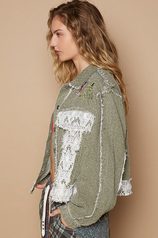 POL Crochet Patch Embroidered Button Up Jacket-TOPS / DRESSES-[Adult]-[Female]-2022 Online Blue Zone Planet