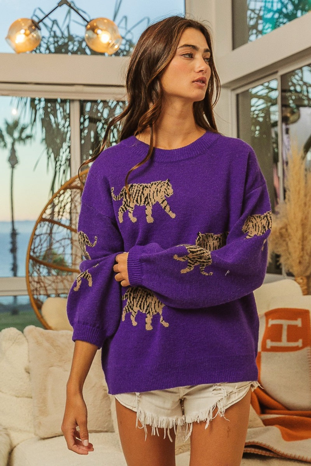 BiBi Tiger Pattern Long Sleeve Sweater-TOPS / DRESSES-[Adult]-[Female]-2022 Online Blue Zone Planet