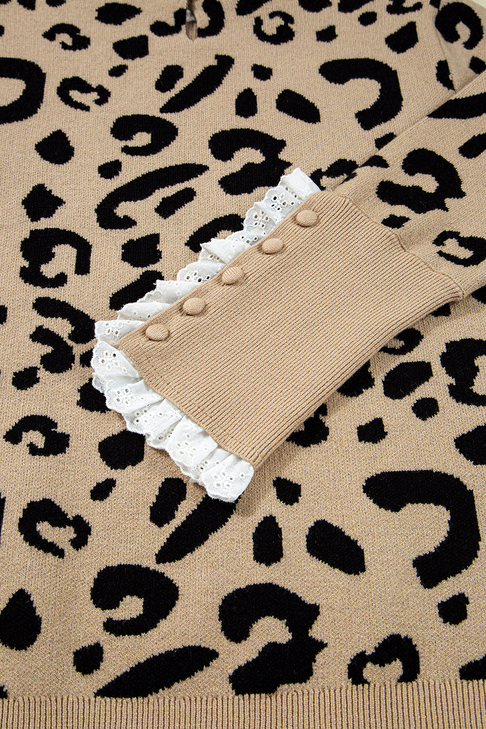 Brown Leopard Pattern Lace Ribbed Detail Button Cuffed Sweater-TOPS / DRESSES-[Adult]-[Female]-2022 Online Blue Zone Planet