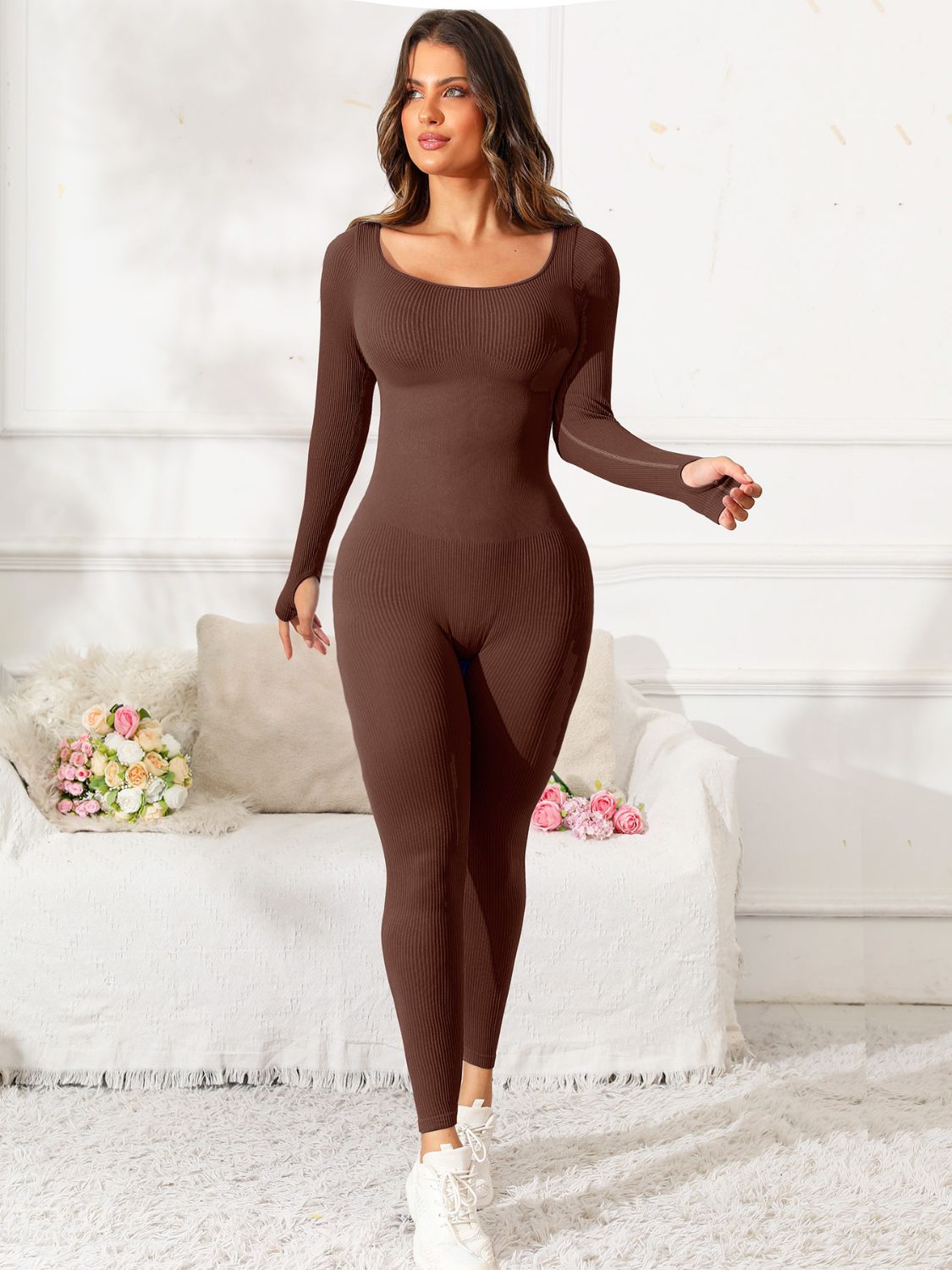 Scoop Neck Long Sleeve Active Jumpsuit-TOPS / DRESSES-[Adult]-[Female]-2022 Online Blue Zone Planet