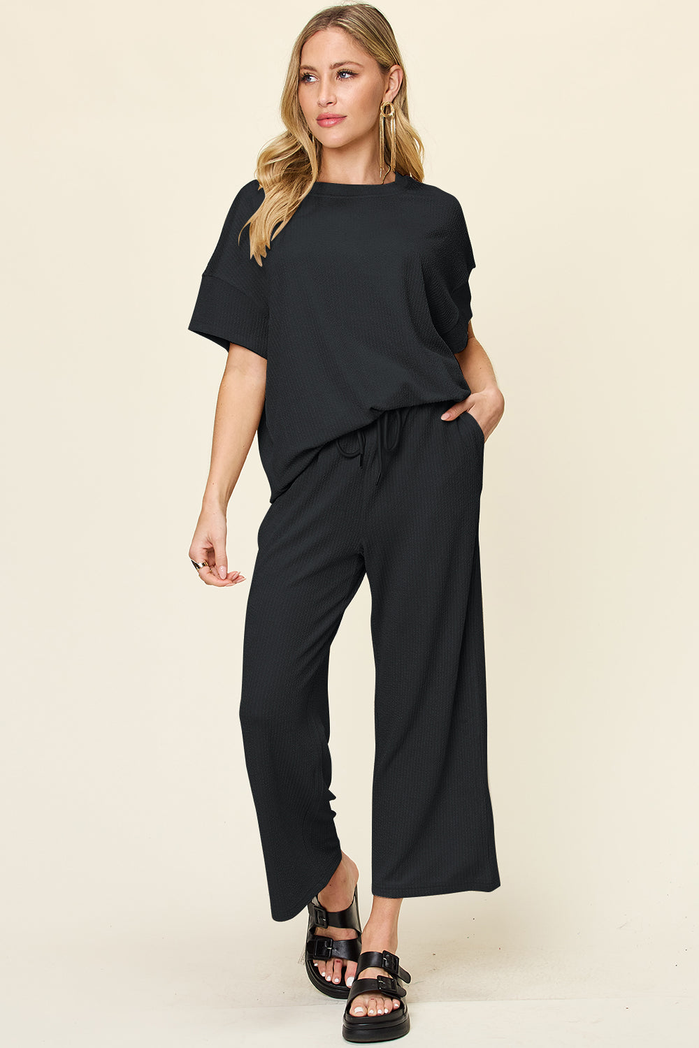 Blue Zone Planet | Double Take Full Size Texture Round Neck Short Sleeve T-Shirt and Wide Leg Pants-TOPS / DRESSES-[Adult]-[Female]-Black-S-2022 Online Blue Zone Planet