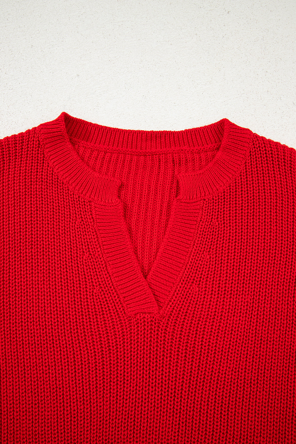 Racing Red Solid Textured Knit V Neck Drop Shoulder Sweater-TOPS / DRESSES-[Adult]-[Female]-2022 Online Blue Zone Planet