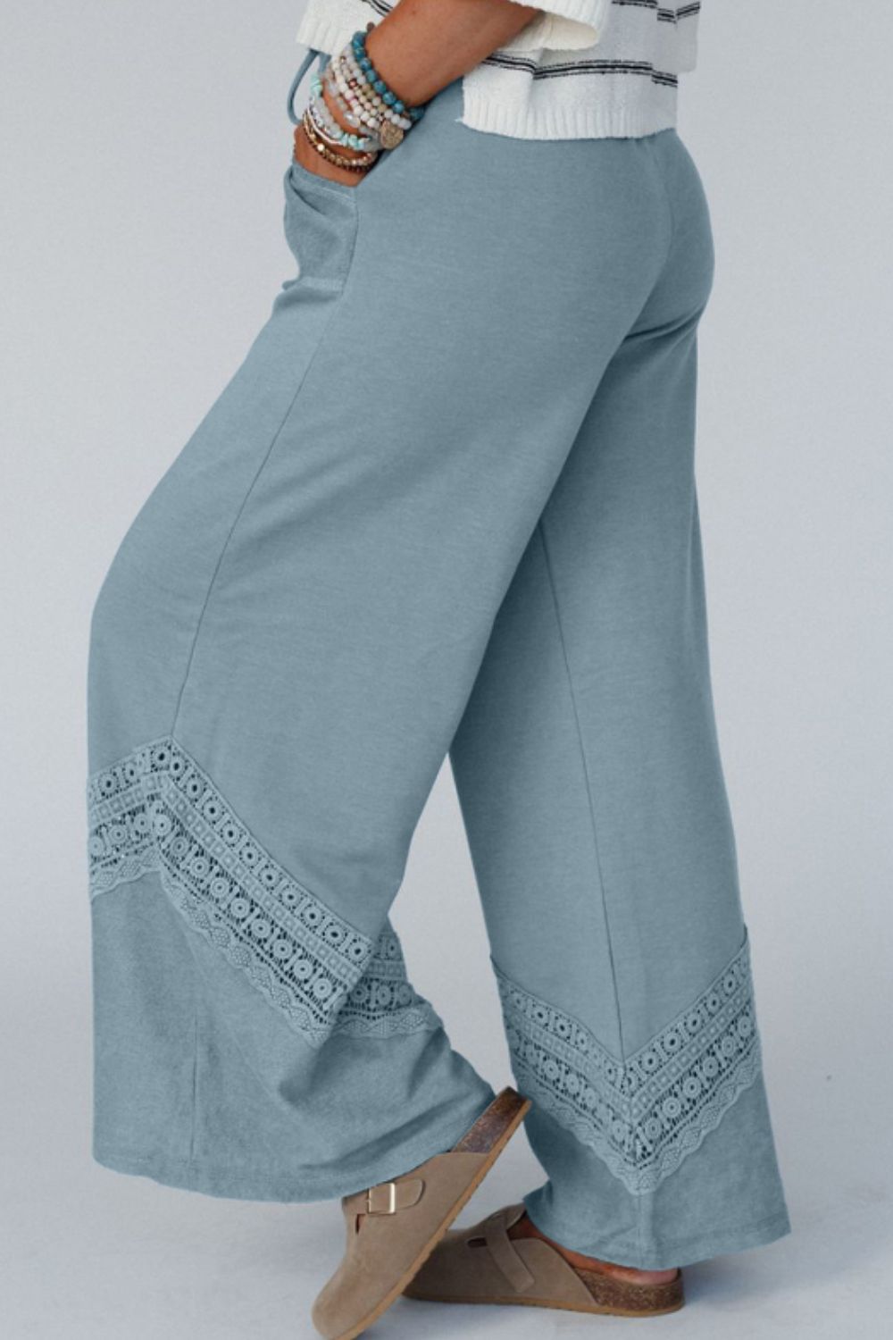 Lace Detail Wide Leg Pants-BOTTOMS SIZES SMALL MEDIUM LARGE-[Adult]-[Female]-2022 Online Blue Zone Planet