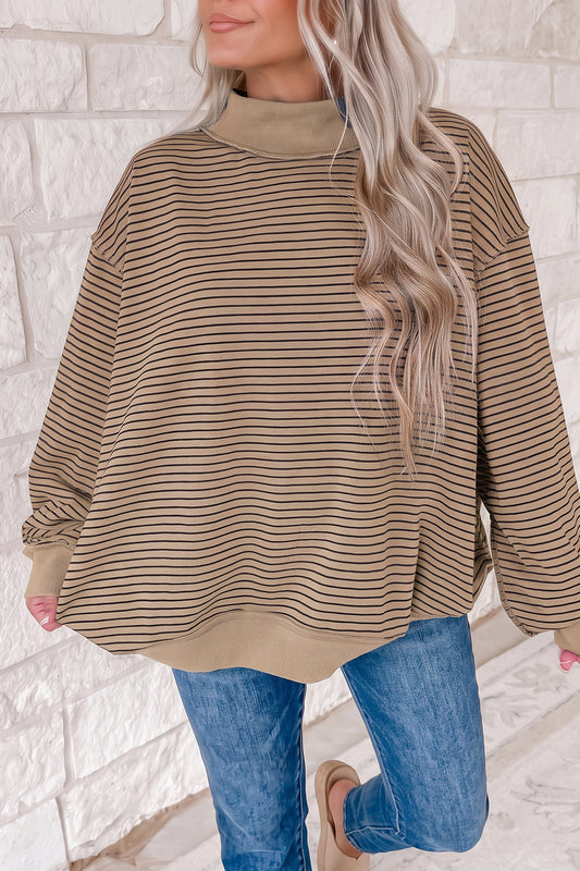 Khaki Stripe Ribbed Color Block Mock Neck Oversized Sweatshirt-Tops/Sweatshirts & Hoodies-[Adult]-[Female]-2022 Online Blue Zone Planet