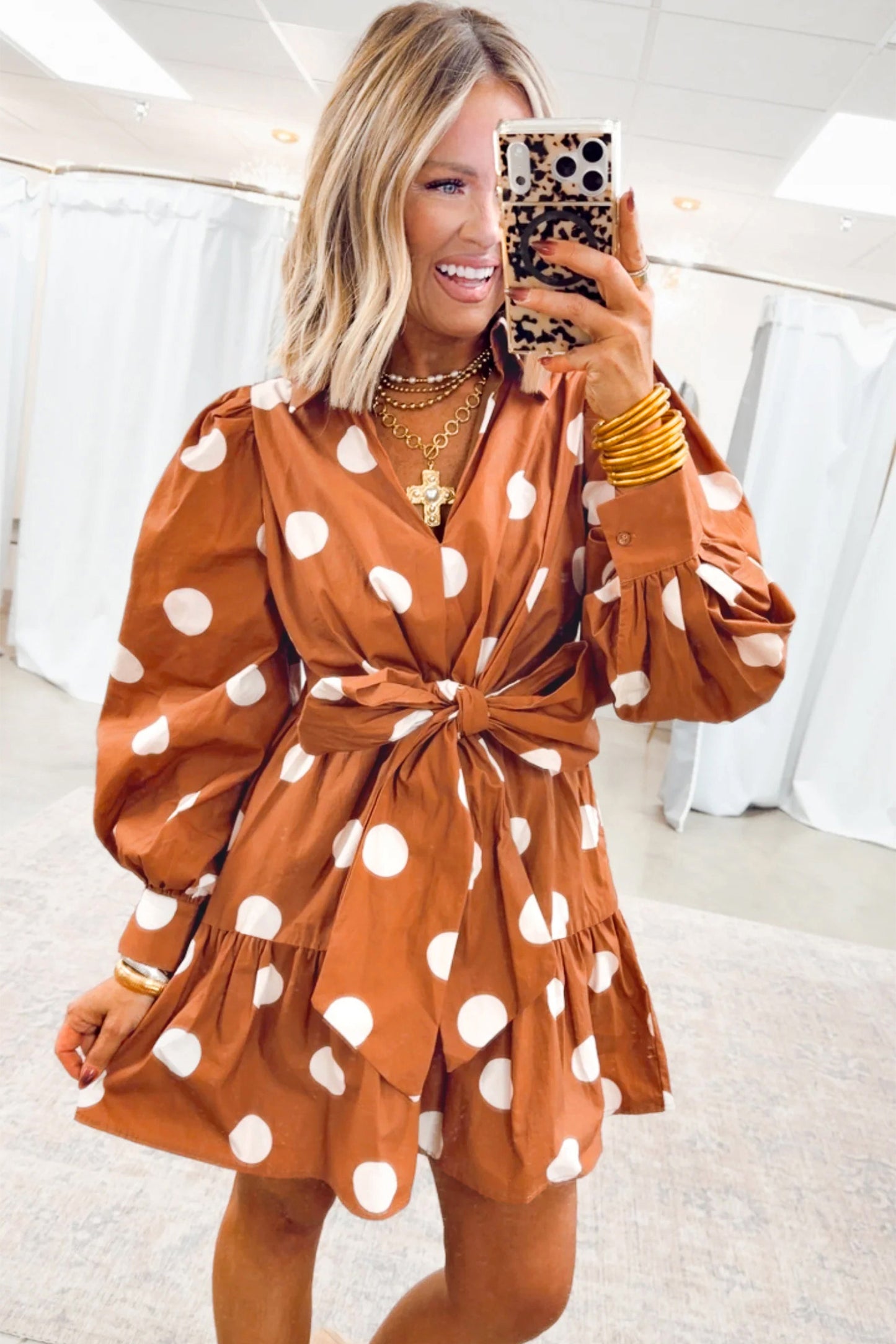 Brown Polka Dot Long Sleeve Tie Waist Casual Shift Mini Dress