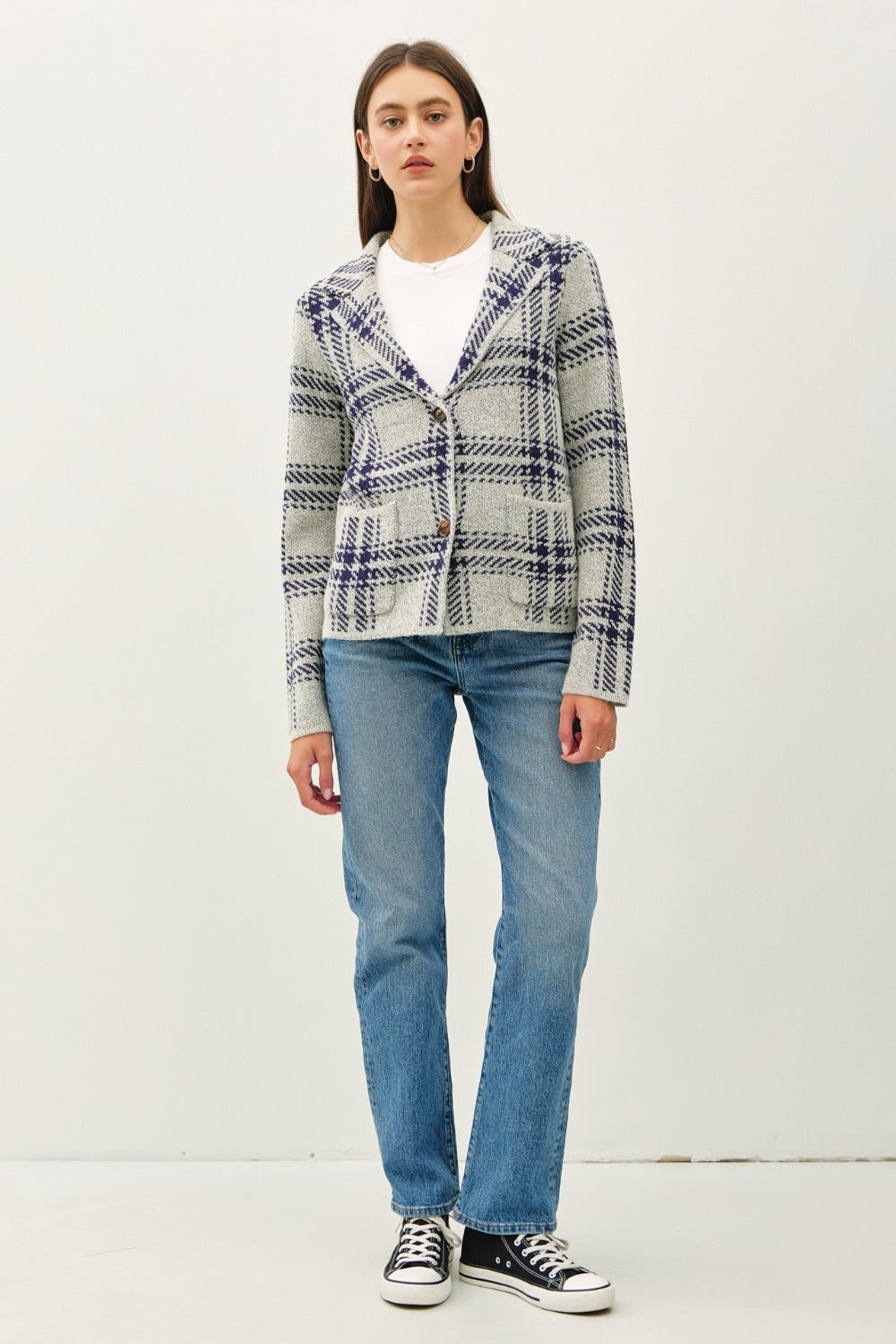 Blue Zone Planet | Be Cool Plaid Long Sleeve Sweater Jacket with Front Patch Pockets-TOPS / DRESSES-[Adult]-[Female]-Navy-S-2022 Online Blue Zone Planet