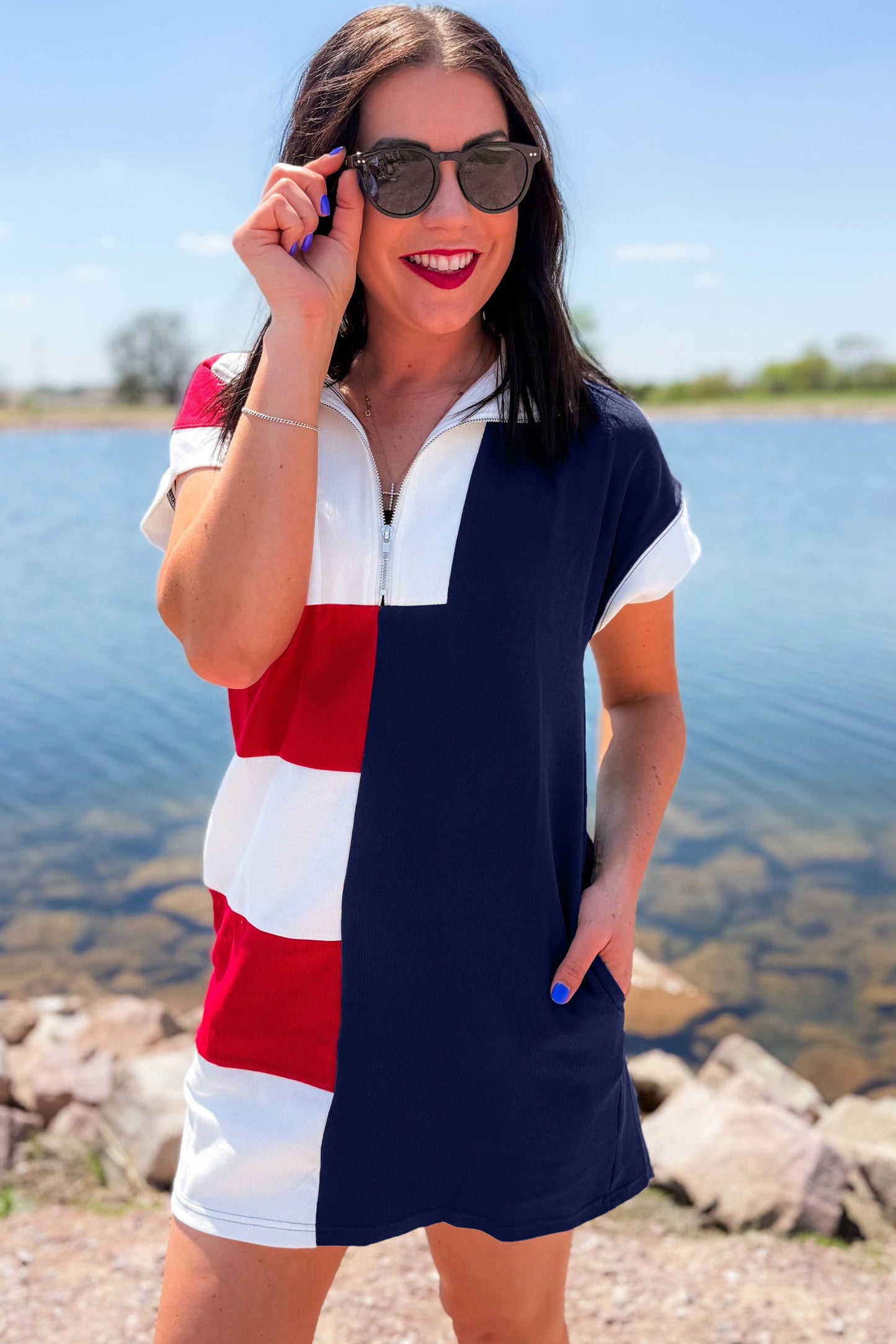 Navy Blue Americana Colorblock Stripes Zip up Collared T Shirt Mini Dress-TOPS / DRESSES-[Adult]-[Female]-2022 Online Blue Zone Planet