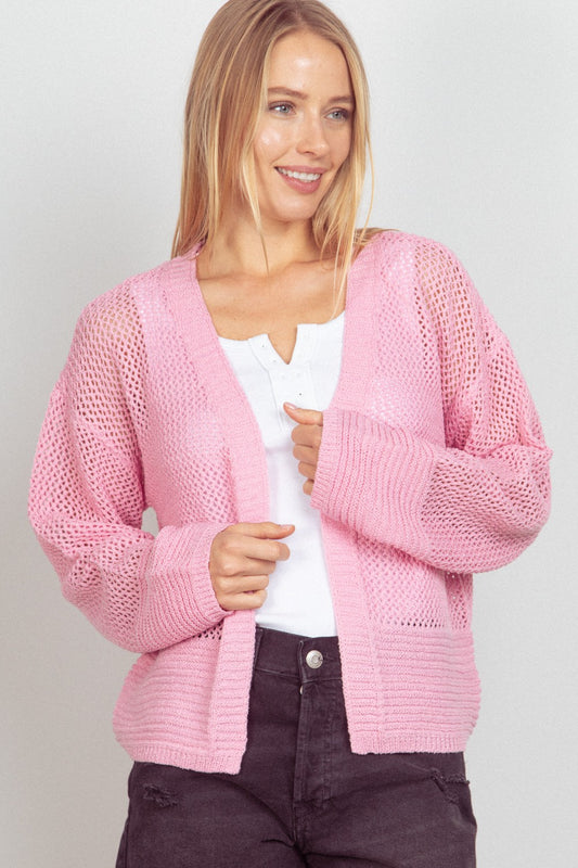 Blue Zone Planet | VERY J Eyelet Open Front Long Sleeve Cardigan-TOPS / DRESSES-[Adult]-[Female]-PINK-S-2022 Online Blue Zone Planet