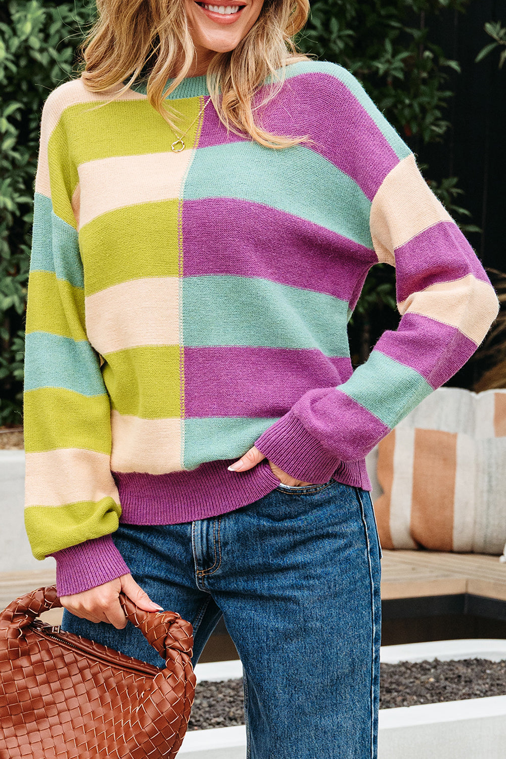 Green Stripe Drop Shoulder Ribbed Edge Casual Sweater-TOPS / DRESSES-[Adult]-[Female]-2022 Online Blue Zone Planet