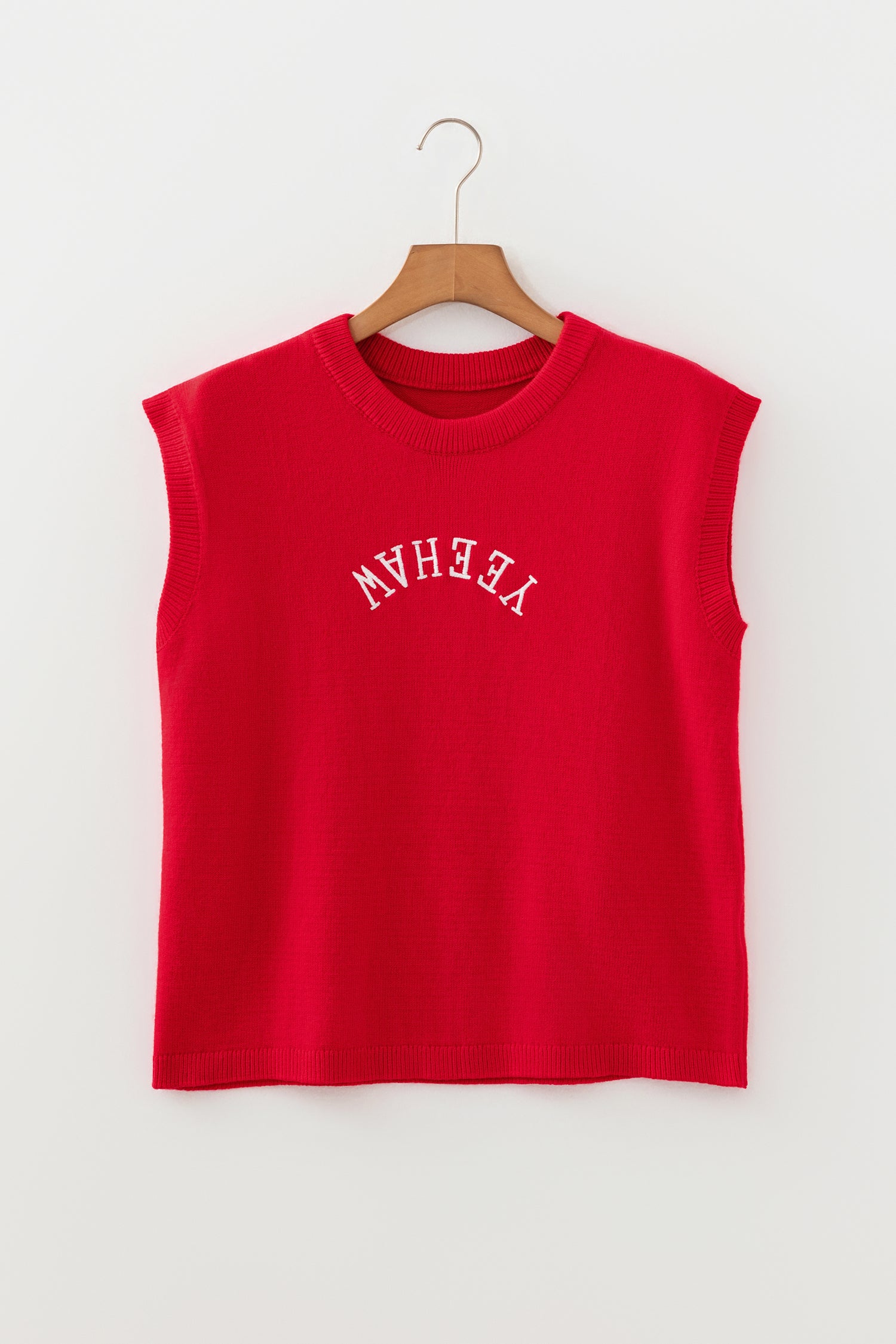 Fiery Red Yeehaw Embroidered Letter Loose Short Sleeve Sweater-TOPS / DRESSES-[Adult]-[Female]-2022 Online Blue Zone Planet