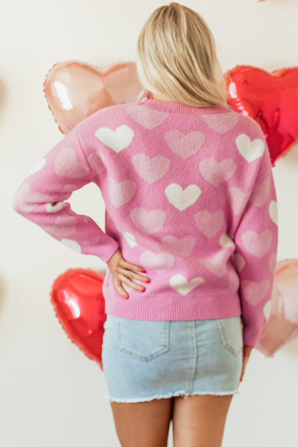 Blue Zone Planet | Pink Pearled Heart Print Valentines Crew Neck Sweater-Sweaters & Cardigans/Sweaters-[Adult]-[Female]-2022 Online Blue Zone Planet