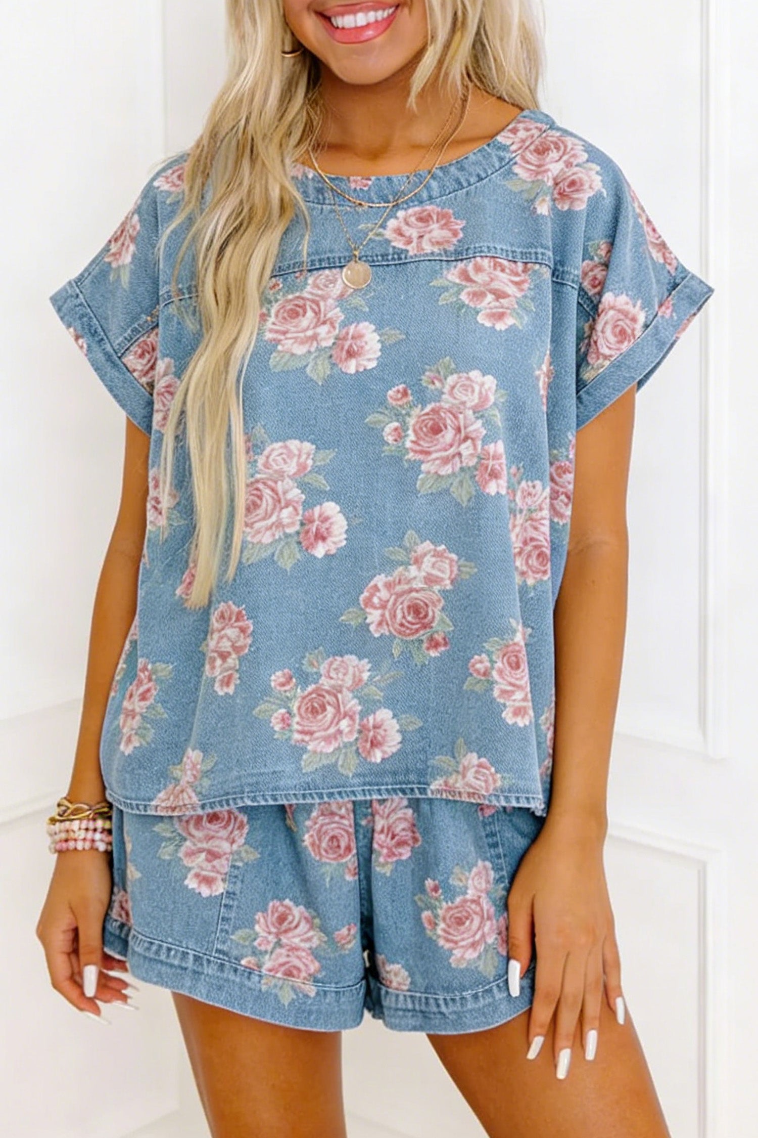 Sky Blue Floral Denim Short Sleeve Top Loose Shorts 2pcs Set-Two Piece Sets/Short Sets-[Adult]-[Female]-2022 Online Blue Zone Planet