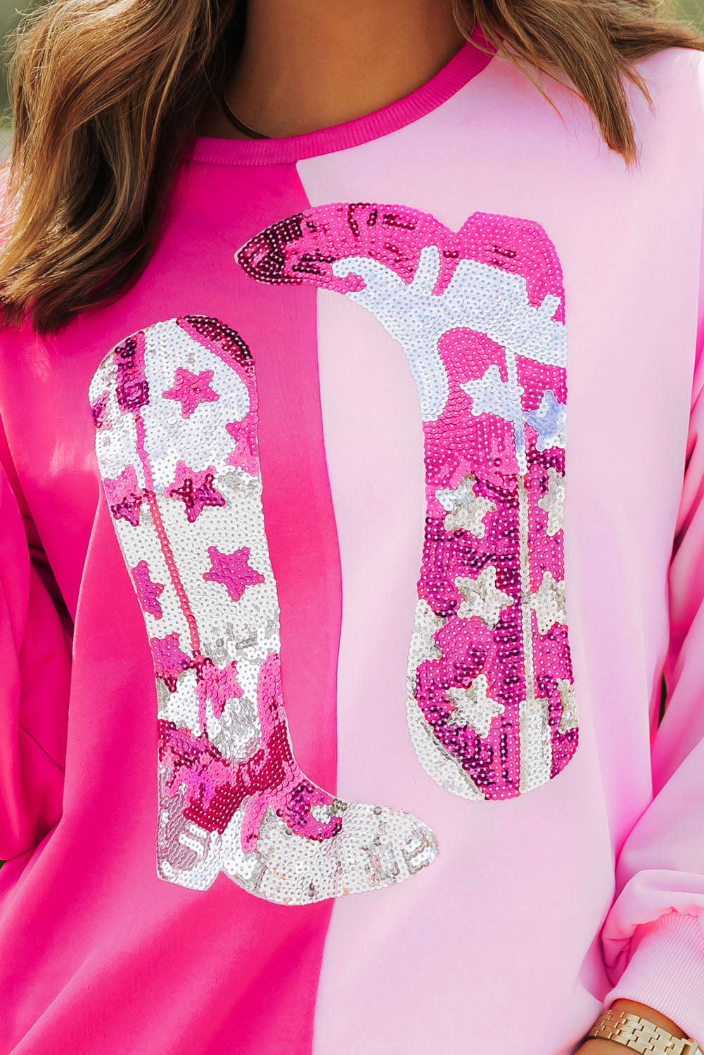 Pink Color Block Sequined Cowgirl Boots Graphic Sweatshirt-Tops/Sweatshirts & Hoodies-[Adult]-[Female]-2022 Online Blue Zone Planet