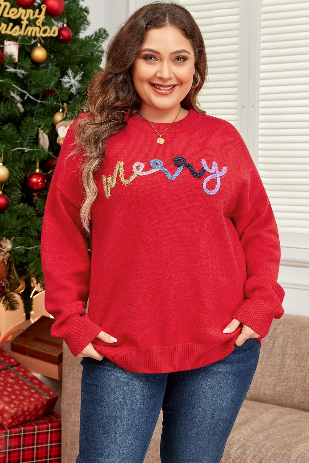 Plus Size MERRY Round Neck Long Sleeve Sweater-TOPS / DRESSES-[Adult]-[Female]-2022 Online Blue Zone Planet