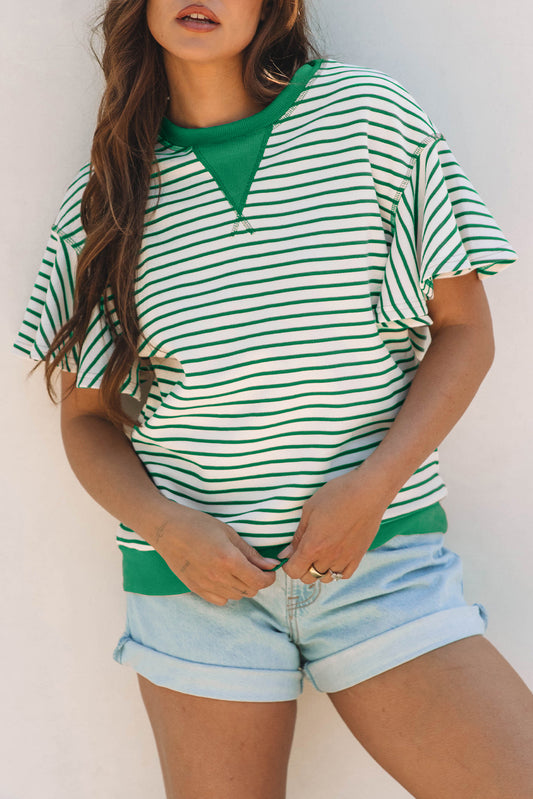 Bright Green Contrast Detail Striped Ruffle Short Sleeve Top-Tops/Blouses & Shirts-[Adult]-[Female]-2022 Online Blue Zone Planet