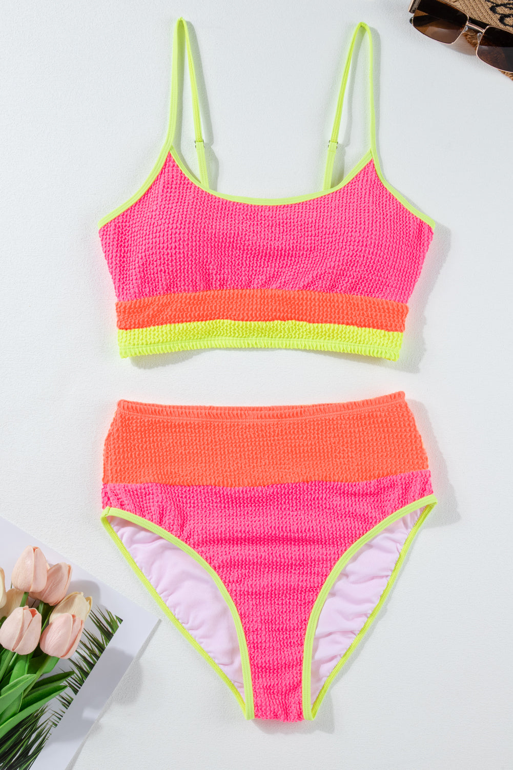 Grapefruit Orange Color Block High Waisted Sexy Bikini Set Blue Zone Planet