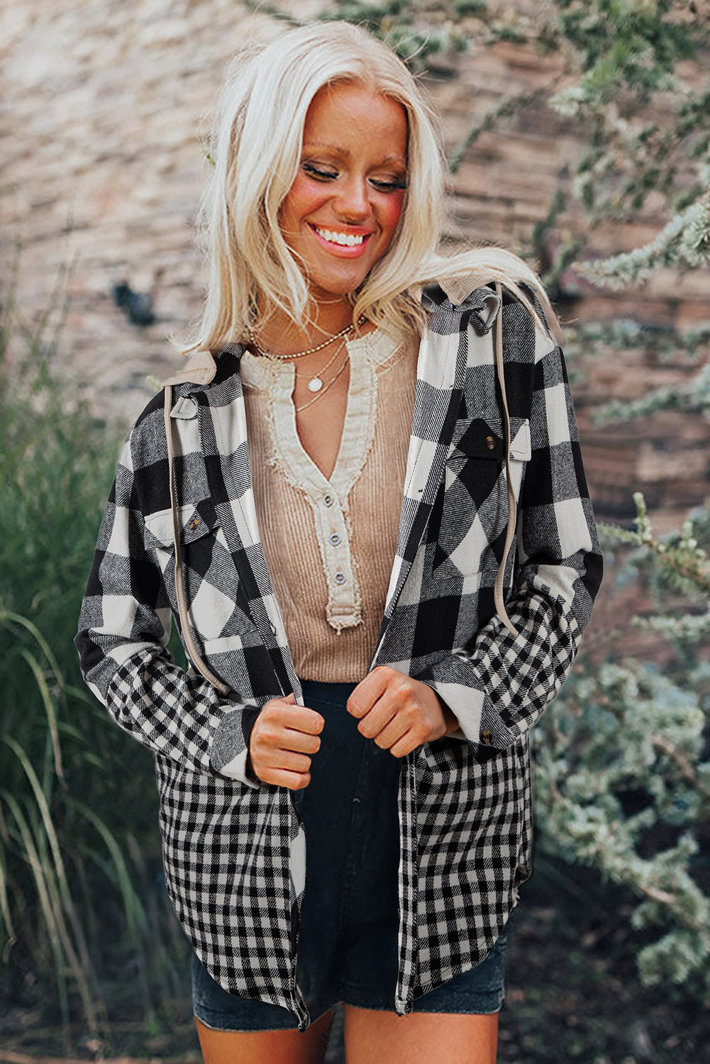 Black Double Plaid Patchwork Drawstring Hooded Shacket-Tops / Dresses-[Adult]-[Female]-2022 Online Blue Zone Planet