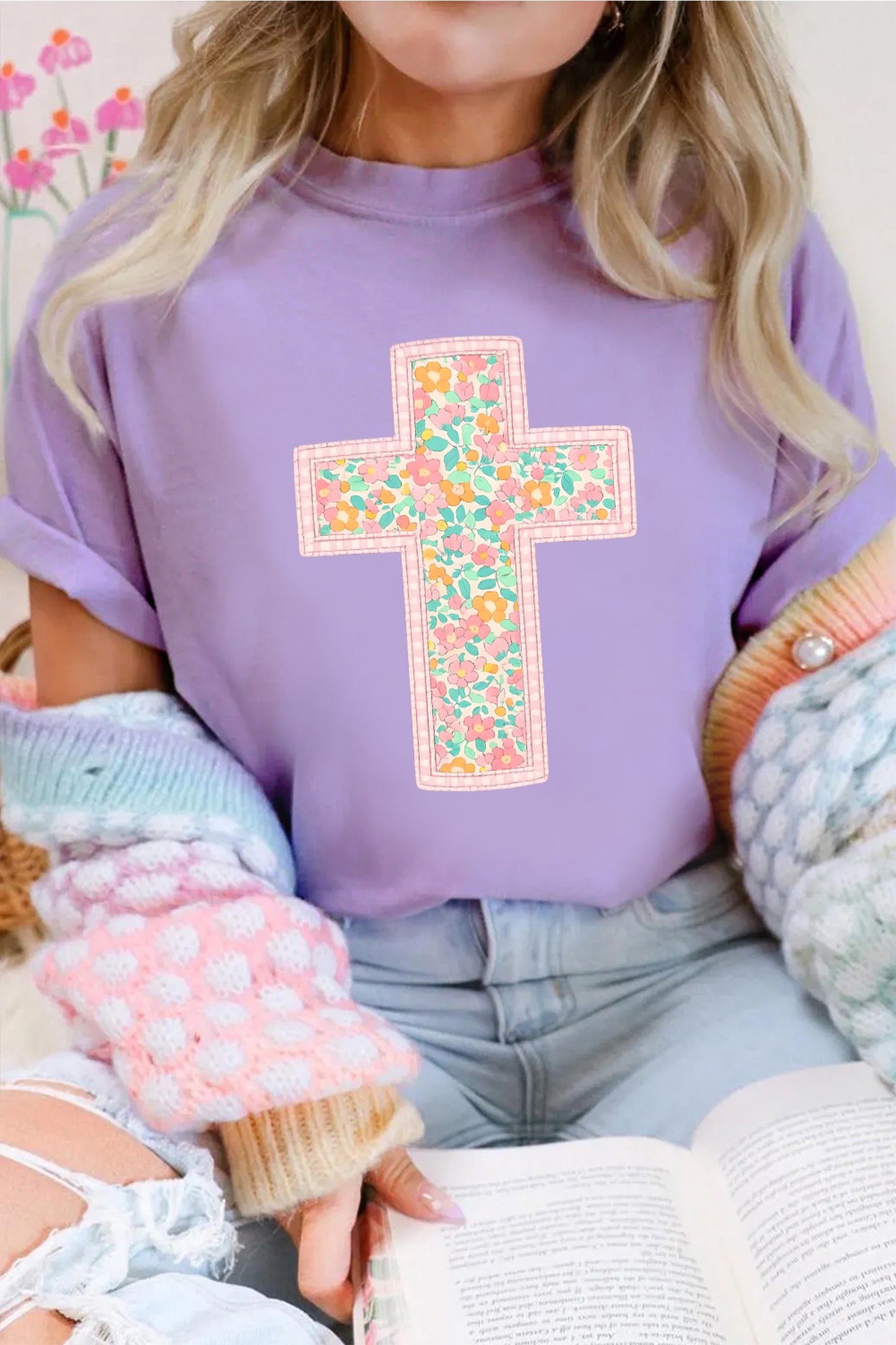 Wisteria Easter Floral Cross Christian Casual Tee-Graphic/Graphic Tees-[Adult]-[Female]-Wisteria-S-2022 Online Blue Zone Planet
