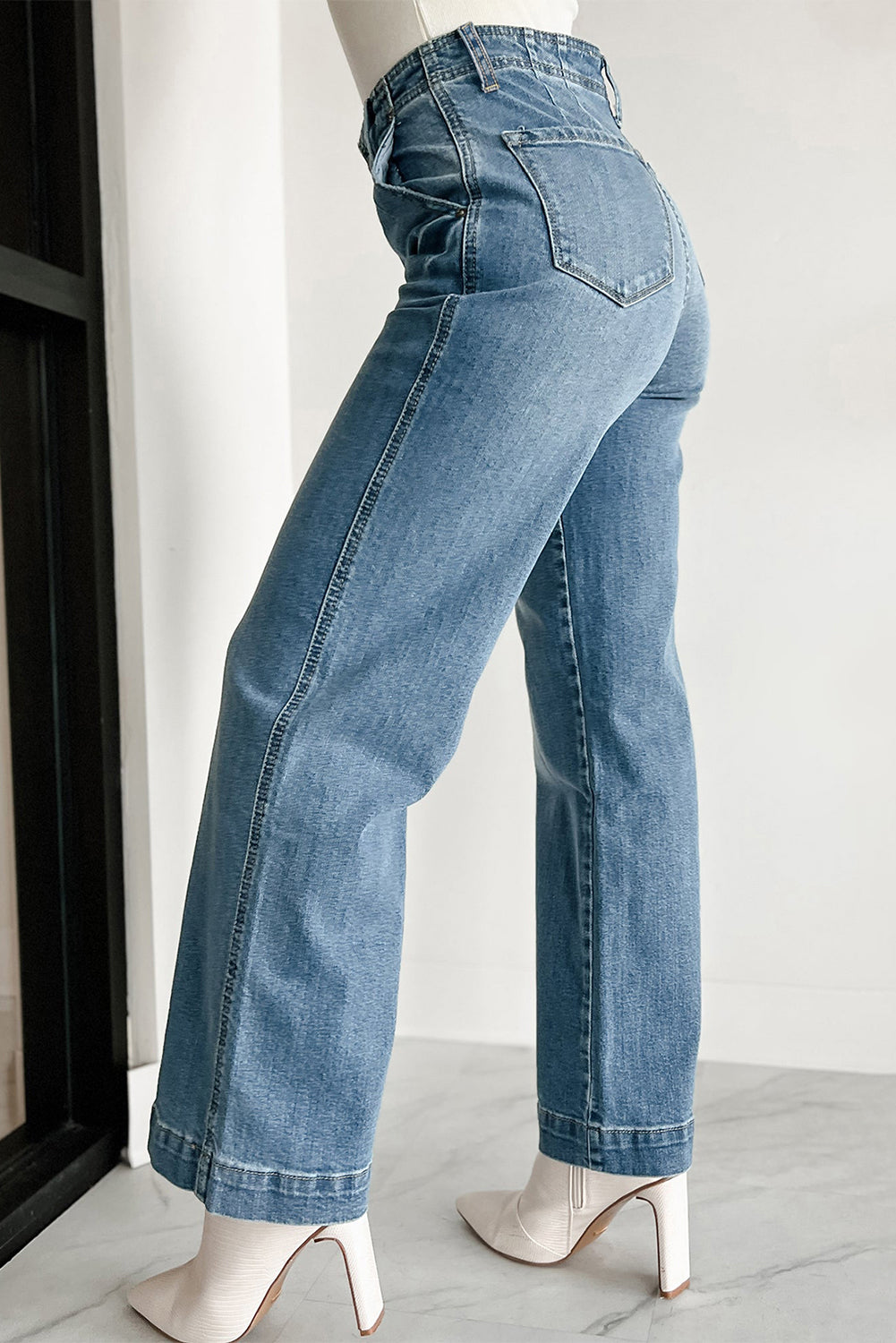 Dusk Blue Multi Buttons Medium Wash Straight Loose Leg Jeans-Bottoms/Jeans-[Adult]-[Female]-2022 Online Blue Zone Planet