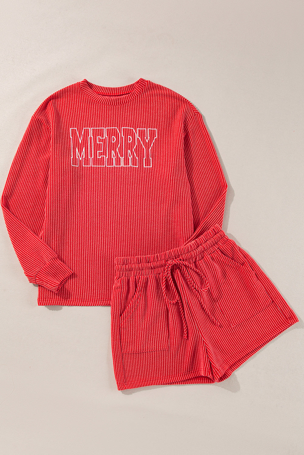 Racing Red Corded MERRY Long Sleeve Top and Shorts Pajama Set-Loungewear Set-[Adult]-[Female]-2022 Online Blue Zone Planet