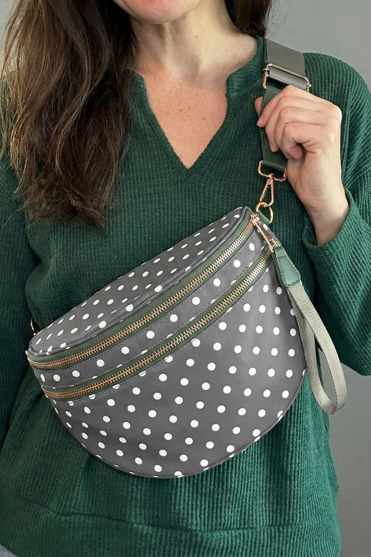 Blackish Green Retro Polka Dot Print Double Zip Crossbody Bag-Shoes & Bags/Crossbody Bags-[Adult]-[Female]-Blackish Green-ONE SIZE-2022 Online Blue Zone Planet