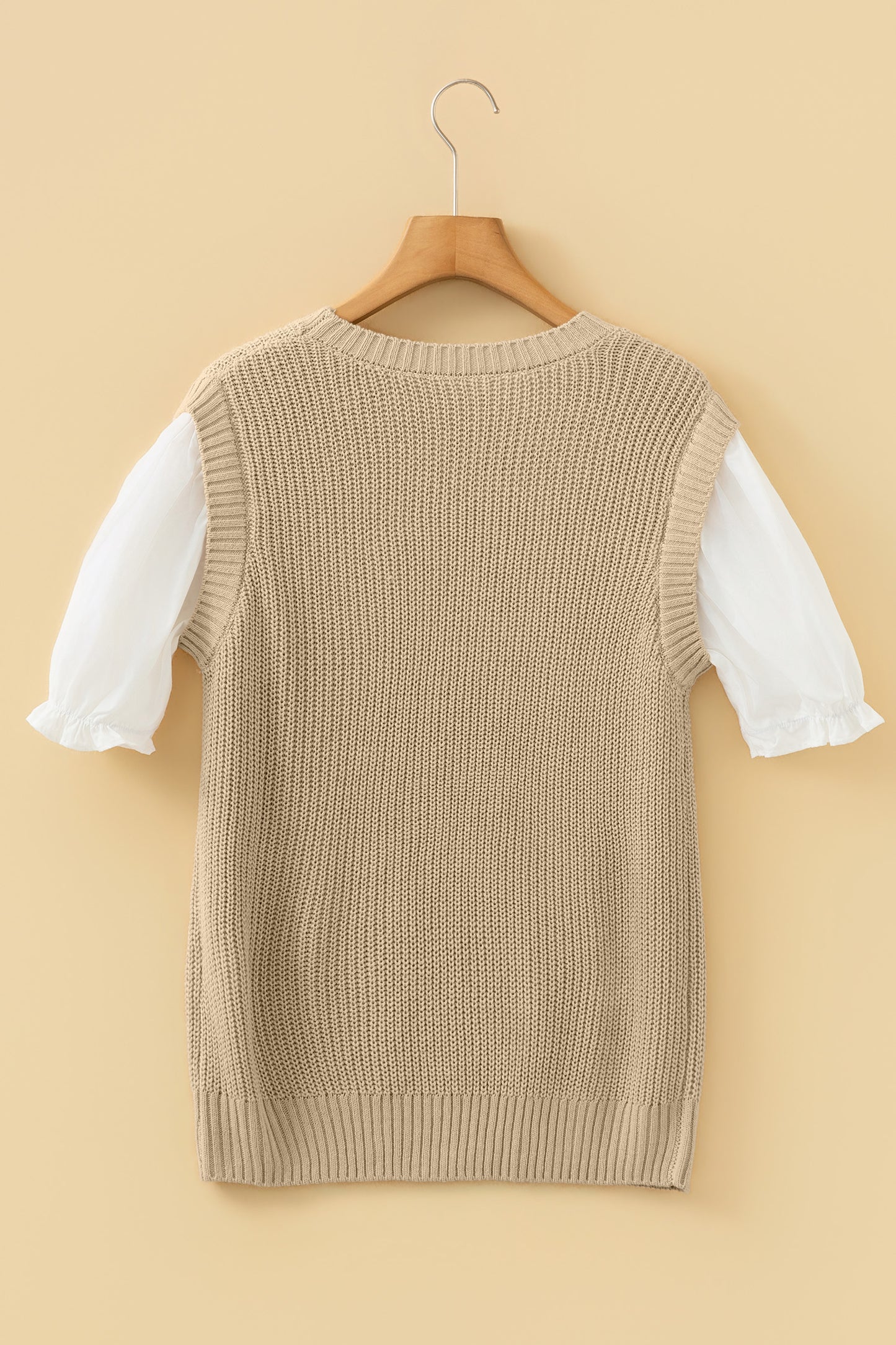 Light French Beige Round Neck Knit Contrast Short Sleeve Patchwork Sweater Top-TOPS / DRESSES-[Adult]-[Female]-2022 Online Blue Zone Planet