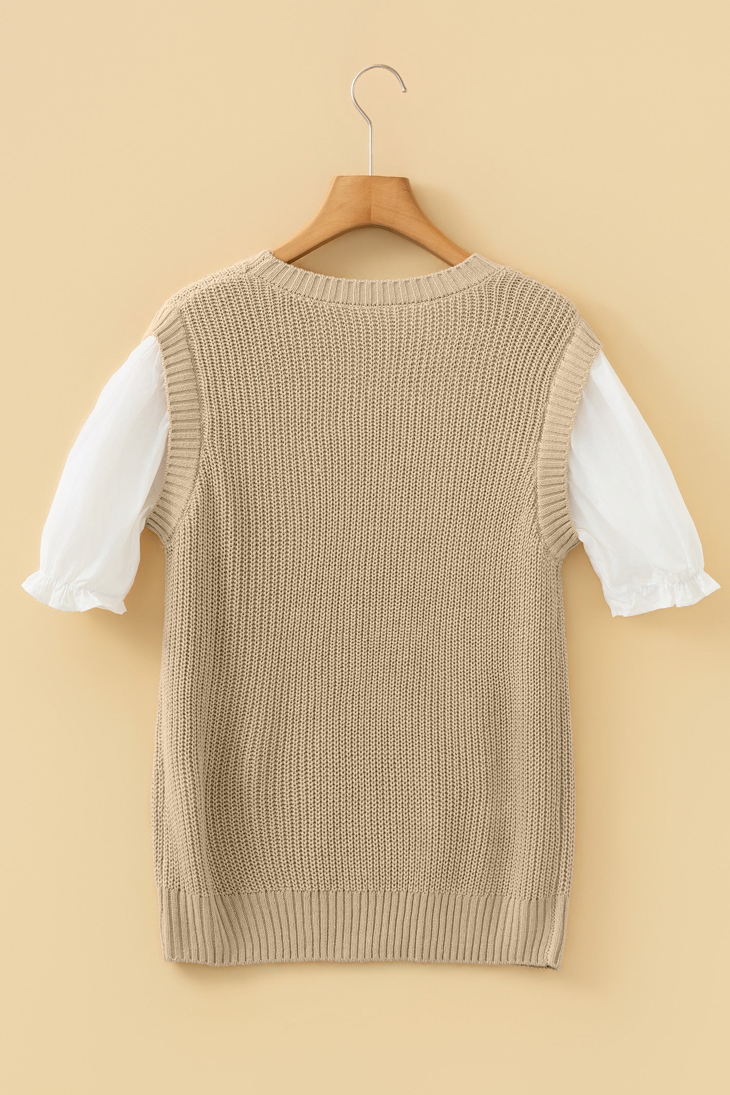 Light French Beige Round Neck Knit Contrast Short Sleeve Patchwork Sweater Top-TOPS / DRESSES-[Adult]-[Female]-2022 Online Blue Zone Planet