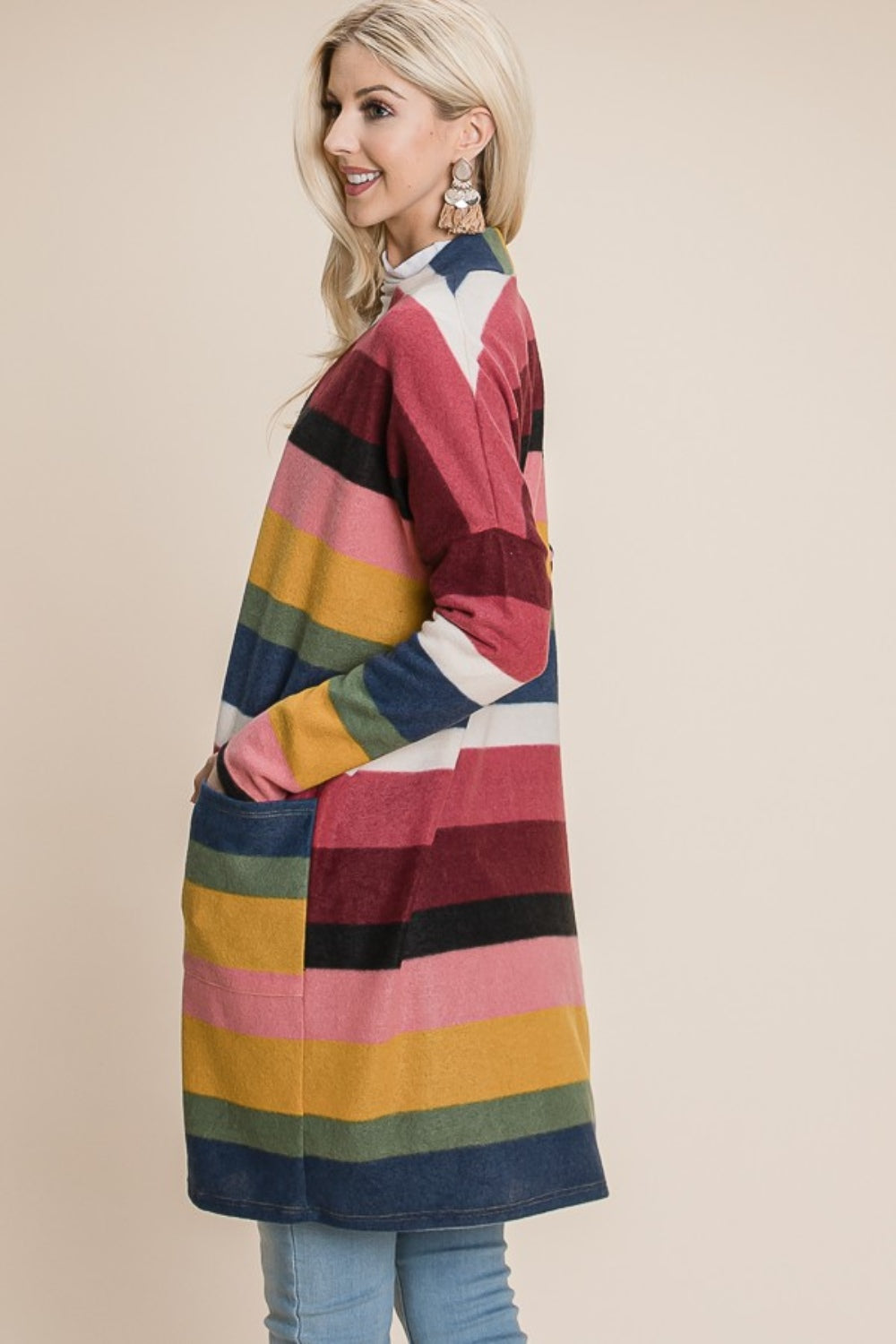 BOMBOM Color Block Striped Open Front Cardigan-TOPS / DRESSES-[Adult]-[Female]-2022 Online Blue Zone Planet