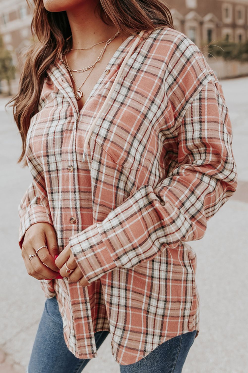 Drawstring Plaid Hooded Long Sleeve Shirt-TOPS / DRESSES-[Adult]-[Female]-2022 Online Blue Zone Planet