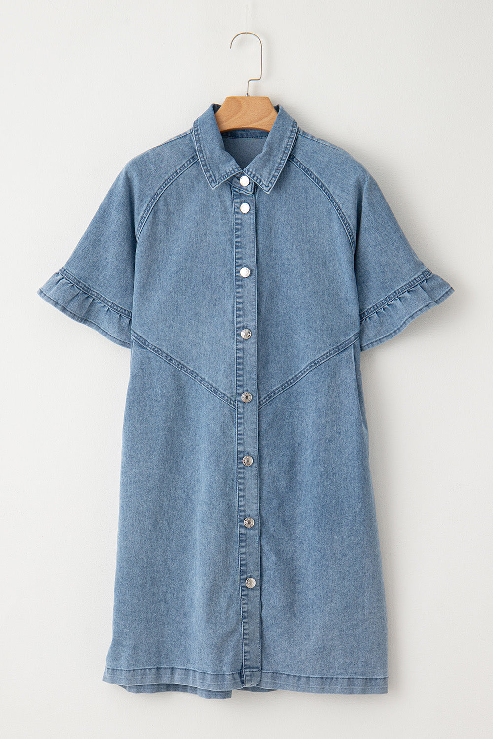 Black Frilled Short Sleeve Button Up Loose Denim Shirt Dress-TOPS / DRESSES-[Adult]-[Female]-2022 Online Blue Zone Planet