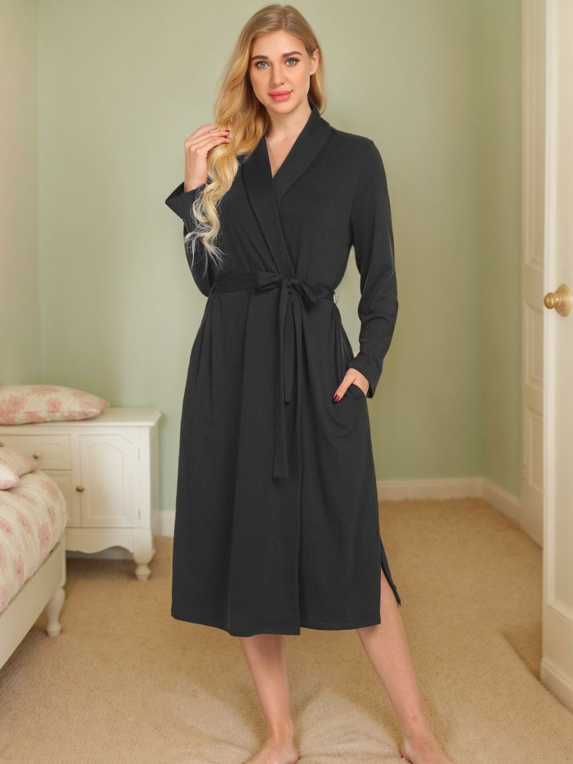 Tied Lounge Nightgown with Pockets-TOPS / DRESSES-[Adult]-[Female]-Black-S-2022 Online Blue Zone Planet