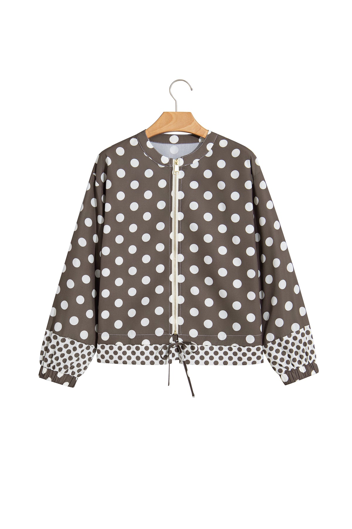 Brown Polka Dot Contrast Detail Zip-Up Long Sleeve Shacket-Outerwear/Jackets-[Adult]-[Female]-2022 Online Blue Zone Planet