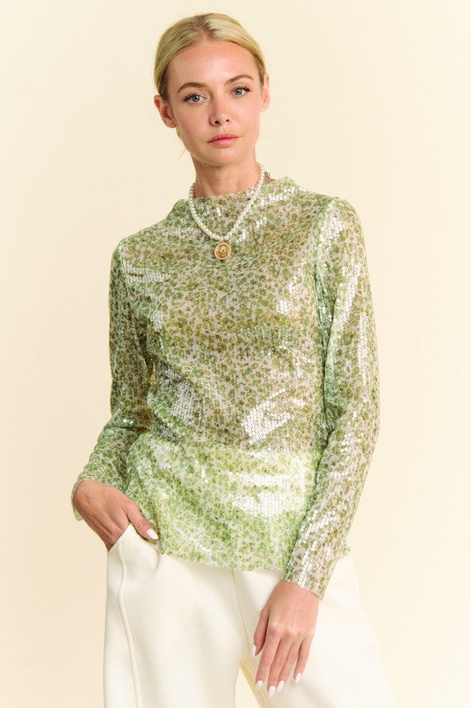 Davi & Dani Sequin Mock Neck Long Sleeve Mesh Top-TOPS / DRESSES-[Adult]-[Female]-2022 Online Blue Zone Planet