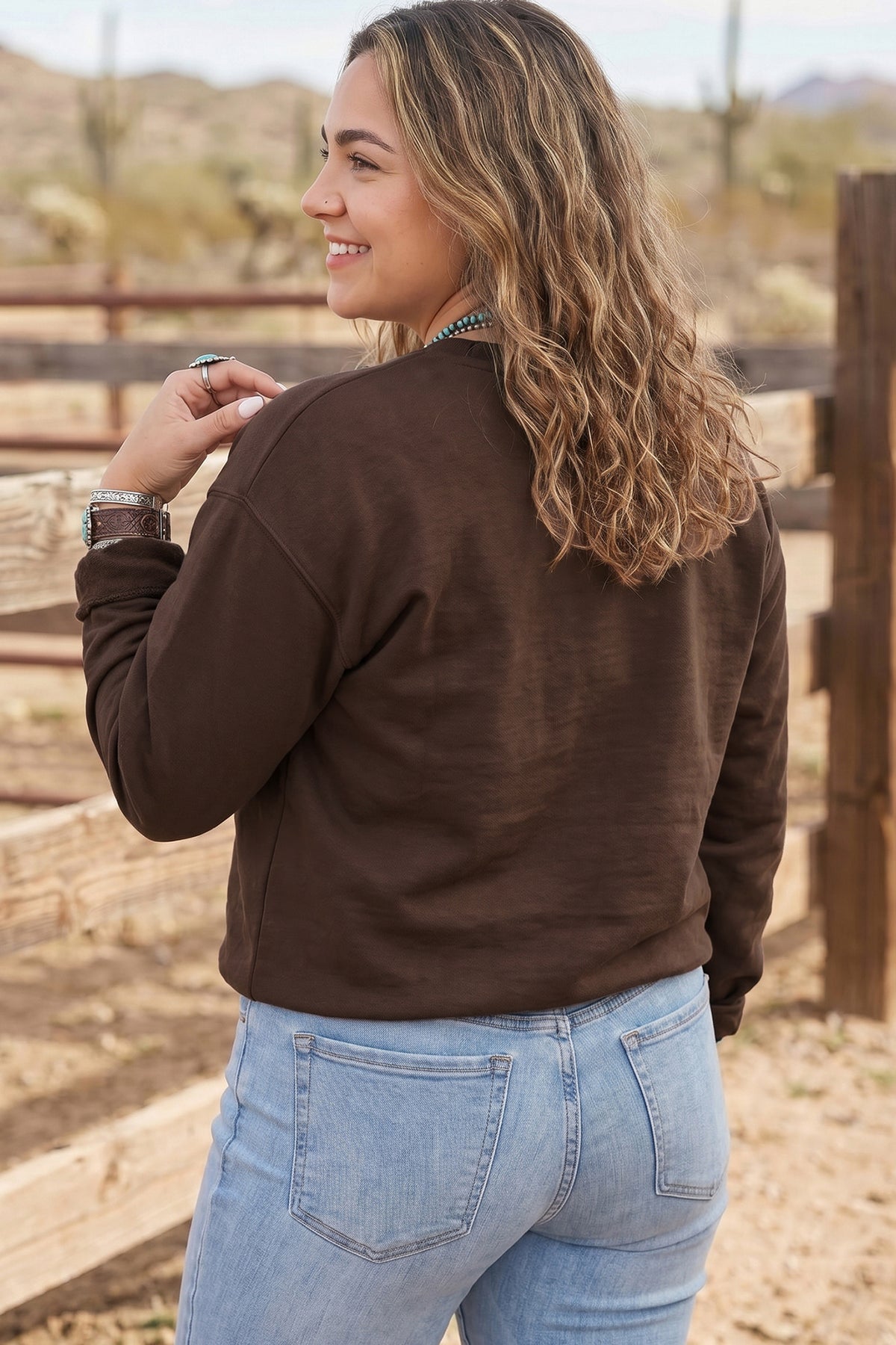 Coffee PRAY Letter Patchwork Round Neck Long Sleeve Plus Size Sweatshirt-Plus Size/Plus Size Sweatshirts & Hoodies-[Adult]-[Female]-2022 Online Blue Zone Planet