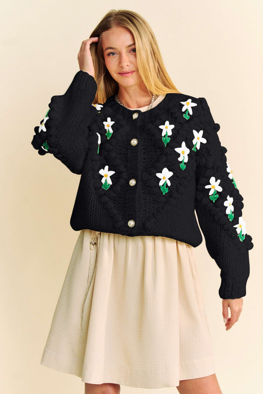Davi & Dani Floral Pattern Button Down Cardigan-TOPS / DRESSES-[Adult]-[Female]-Black-S/M-2022 Online Blue Zone Planet