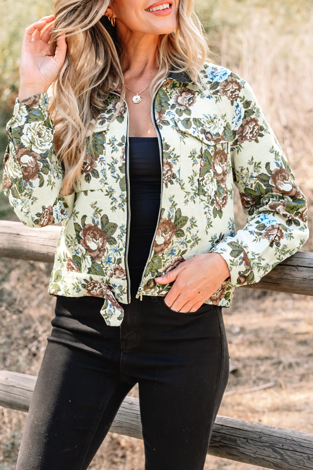 Khaki Floral Print Zip Up Contrast Collared Jacket-Outerwear/Jackets-[Adult]-[Female]-2022 Online Blue Zone Planet
