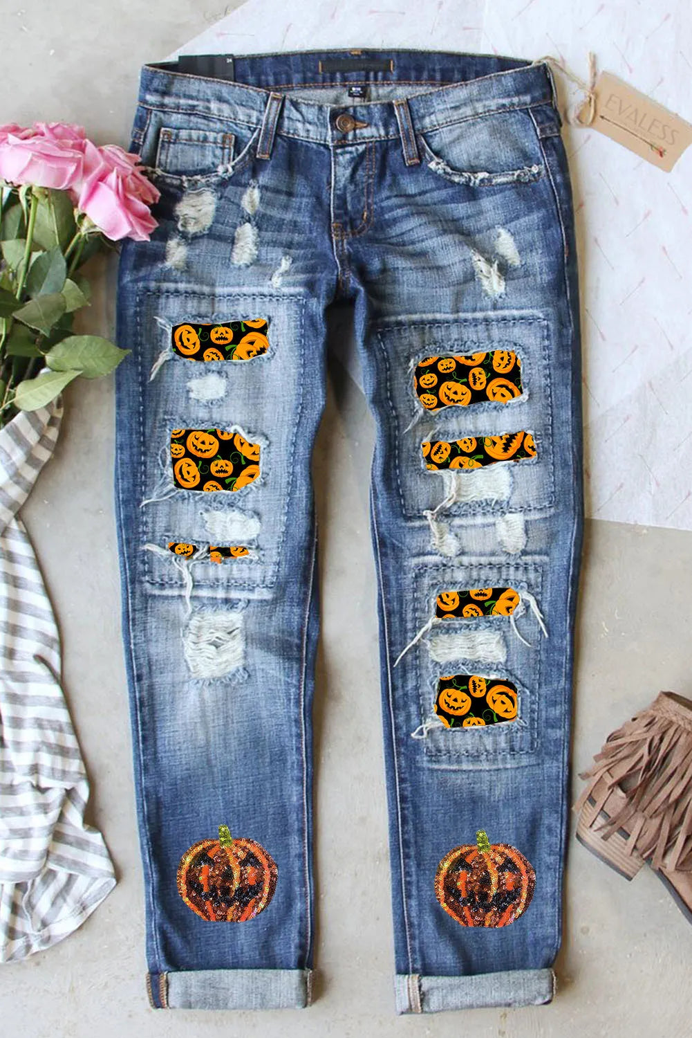 Pumpkin Distressed Straight Jeans-BOTTOMS SIZES SMALL MEDIUM LARGE-[Adult]-[Female]-2022 Online Blue Zone Planet