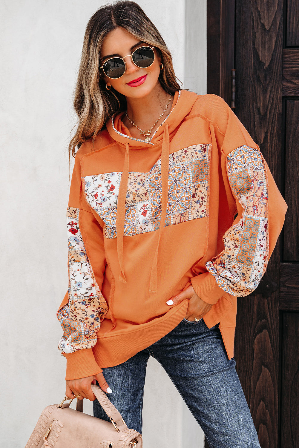 Flamingo Mix Floral Patchwork Side Slit Drawstring Hoodie-Tops / Dresses-[Adult]-[Female]-2022 Online Blue Zone Planet